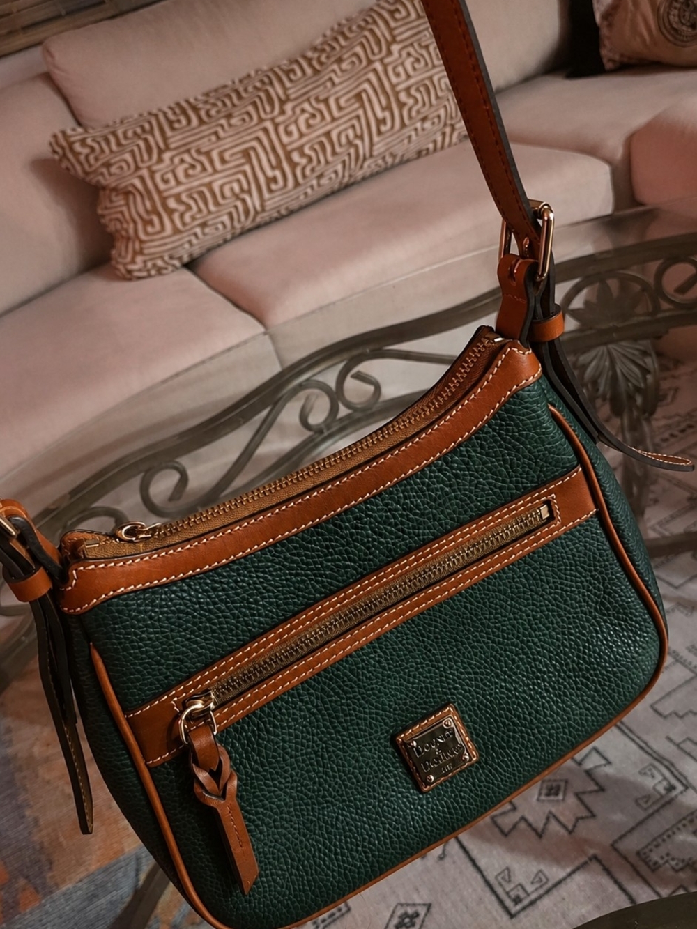 Dooney & Bourke Green Pebble Leather Crossbody with Brown Trim and Gold Hardware